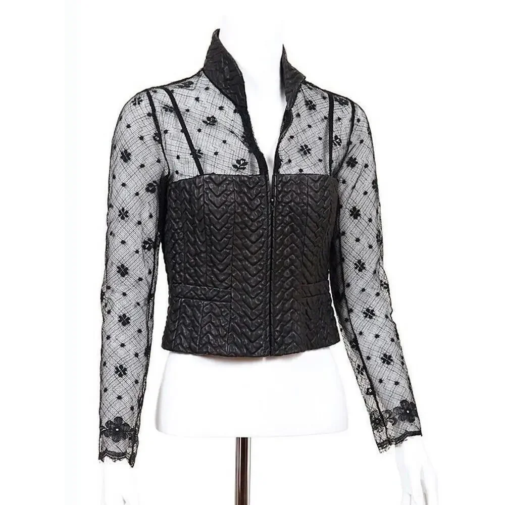 03A CHANEL Leather Lace Black Top 2003 Rare Long Sleeve FR-36 Blouse Jacket